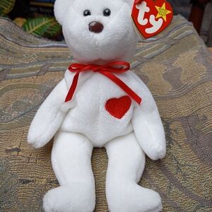 Ty White Plush Bear with Red Heart and Bow